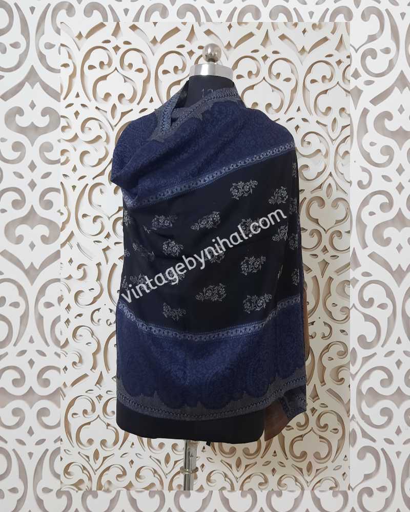 Pure Pashmina Blue Double Border Butti Kani Shawl 